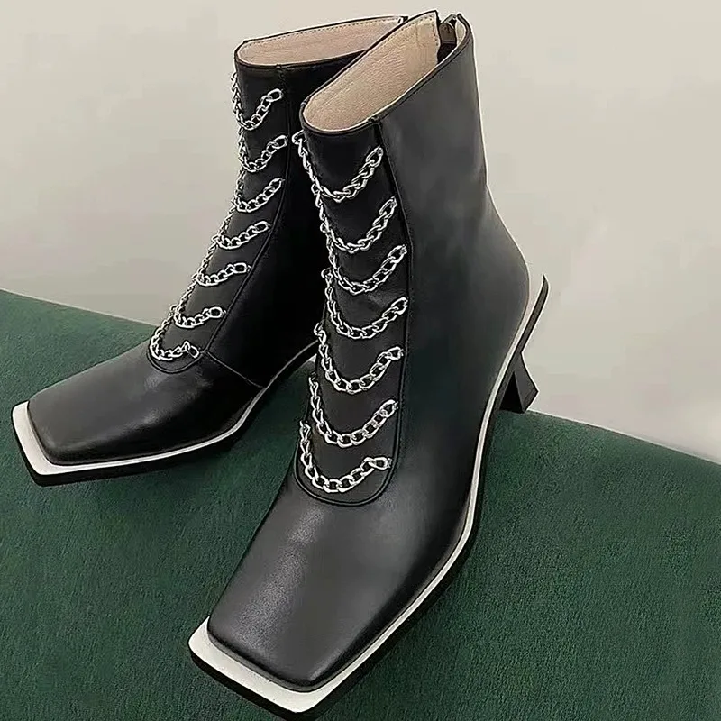 

Chain-Embellished British-Style Ankle Boots Cool Square Toe Thick Heel Versatile Short Booties Back Zip Chelsea Botines Feminina