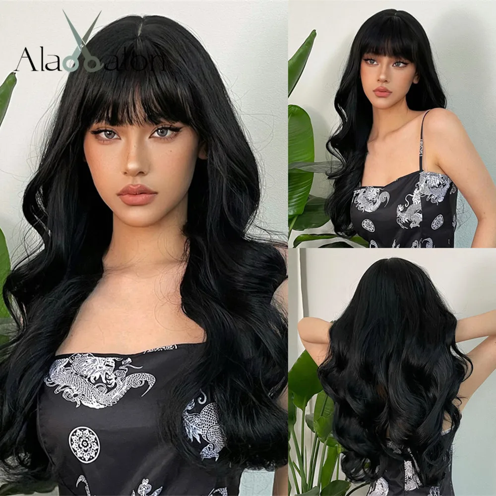 

ALAN EATON Long Wavy Black Wig for Women Synthetic Wig with Bangs Long Curly Natural Looking Hair Heat Resistant Fiber Daily Use