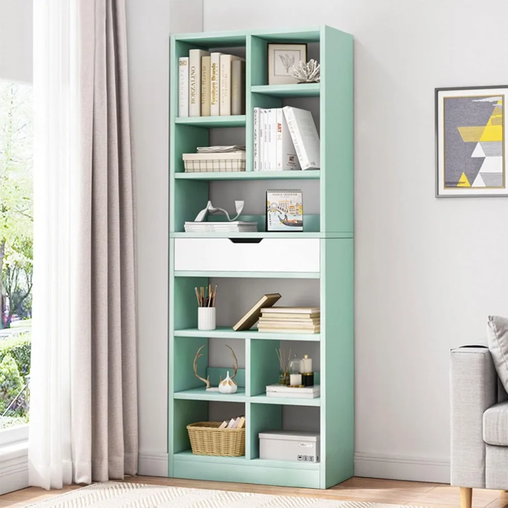 

Wooden open bookshelf bookcase, 71 inch tall freestanding display shelf with 10 cubes and one drawer, floor to ceiling bookshelf