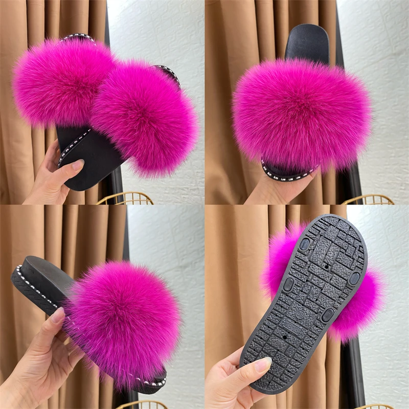 

Fur Slippers Real Fox Fur Slides Outdoor Women Plush Slippers Summer Home Furry Flat Sandals Non-Slip Fluffy Flip Shoes Ladies