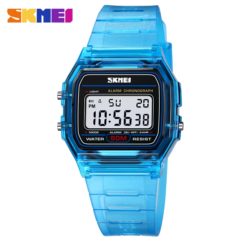 

SKMEI Small Dial Fashion Transparent Band Digit Watch Boys Alarm LED Clock Date Week Display Electronic Watches for Children