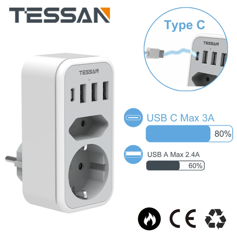 

TESSAN EU Wall Socket Extender with 2 EU Outlets 3 USB Ports 1 Type C 5V 3A Power Adapter Overload Protection for Home/Office