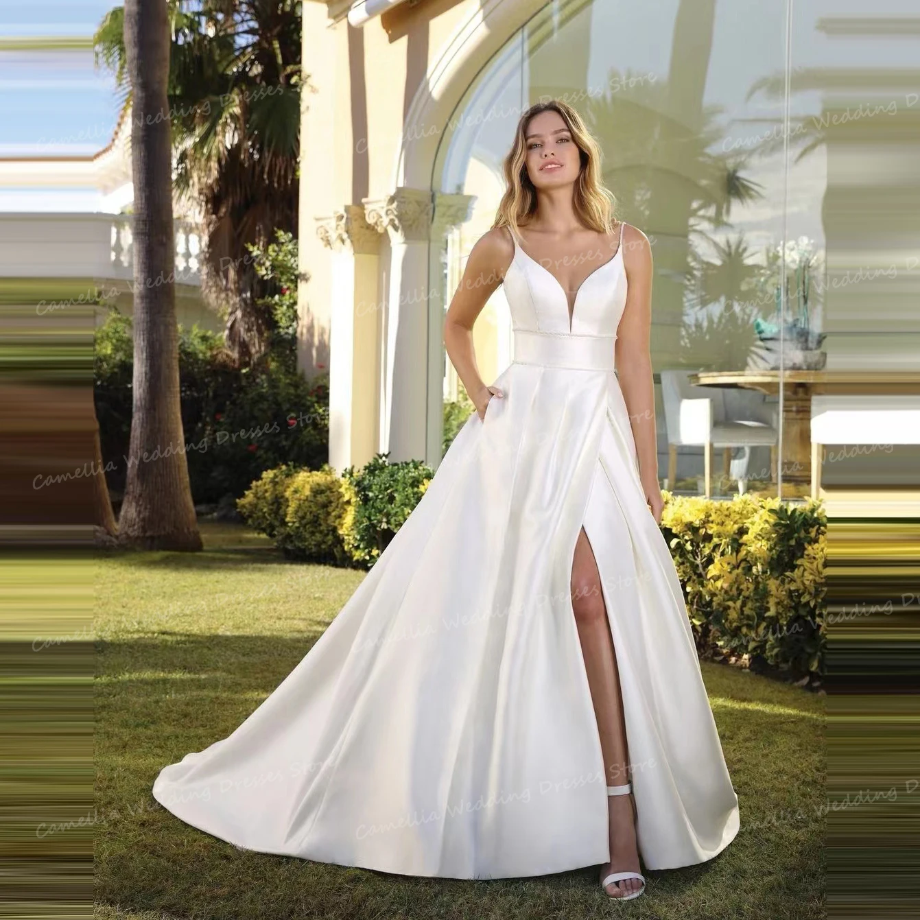 

2024 Simple V Neck Wedding Dresses Elegant A Line Women's Sexy Spaghetti Straps Bridal Gowns Sleeveless Side Split Vestidos Gala