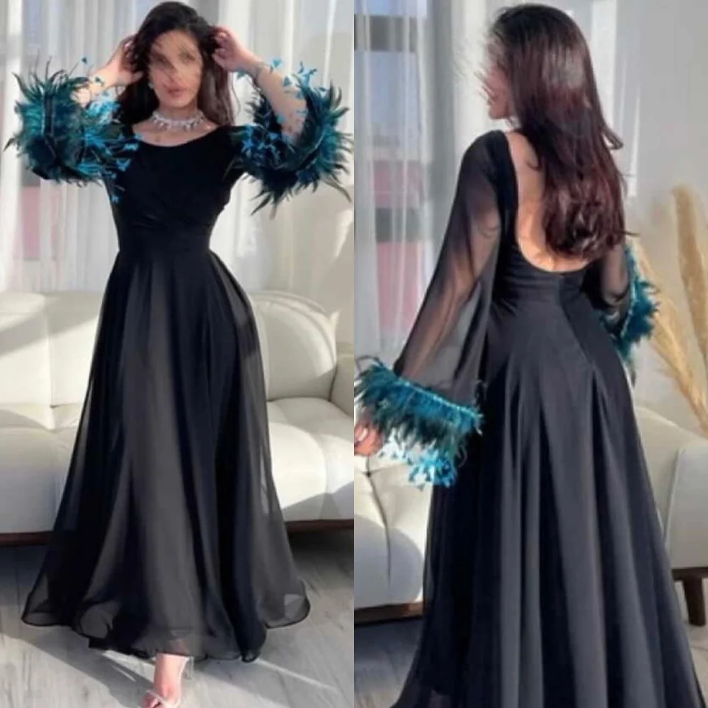 

Prom Dress Evening Jersey Feather Wedding Party A-line Scoop Neck Bespoke Occasion Gown Midi Dresses Saudi Arabia