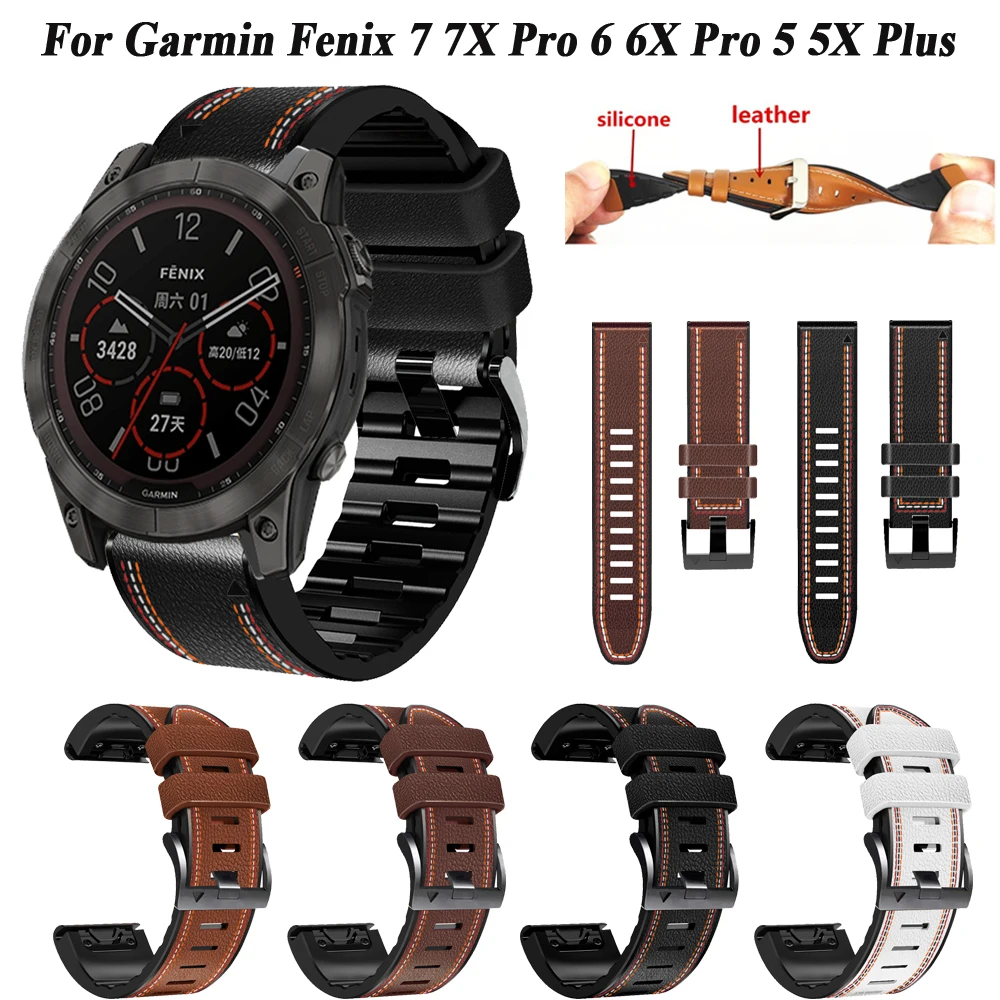 

26mm 22mm Leather Silicone QuickFit Watch Band For Garmin Fenix 6 6X Pro 5 5X Plus 7 7X Tactix Delta Replacement Bracelet Strap