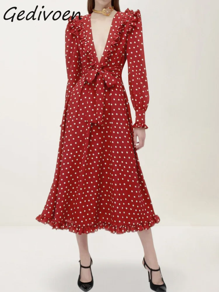Gedivoen Fashion Designer Summer Vintage Dots Dress Women's Deep V-neck Ruffles High Waist Bow Frenulum Deep red Slim Midi Dress
Gedivoen Fashion Designer Summer Vintage Dots Dress Women's Deep V-neck Ruffles High Waist Bow Frenulum Deep red Slim Midi Dress