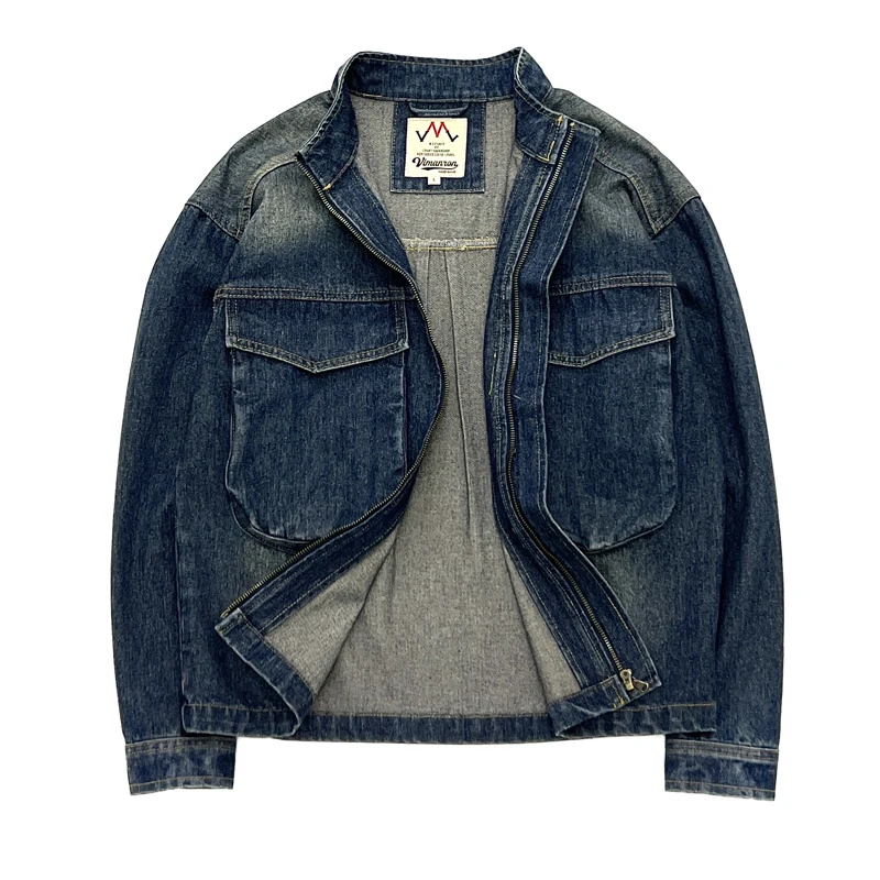 

American Retro Tough Guys Denim Zipper Jackets for Men Feel Hard 100% Cotton Vintage Washed Motorcycle Big Pockets Casual Coats