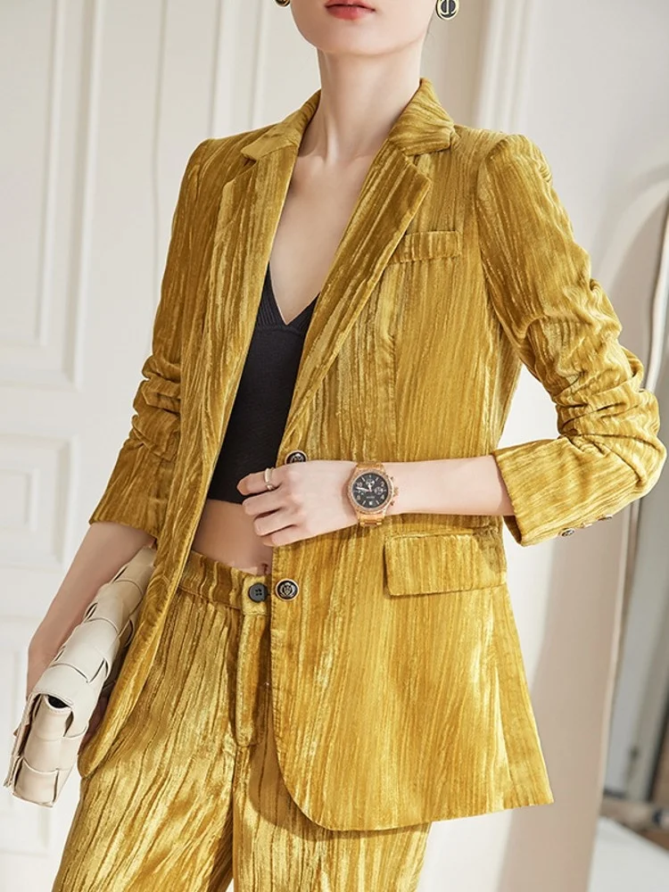 Women Fashion Yellow Velvet Suit Set Blazer Jacket Wide Leg Pants OL Style Two Piece Autumn New Business Work Outfits Suits
Women Fashion Yellow Velvet Suit Set Blazer Jacket Wide Leg Pants OL Style Two Piece Autumn New Business Work Outfits Suits