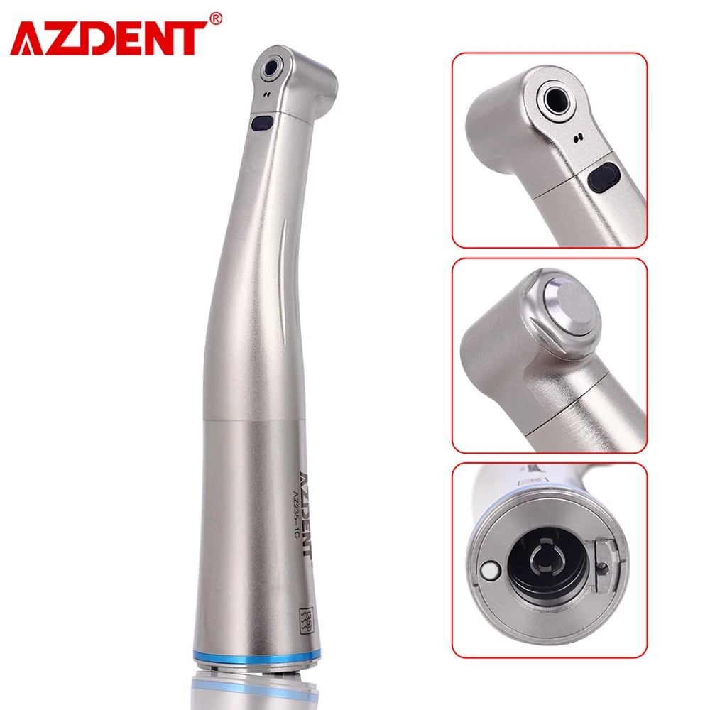 

AZDENT Dental 1:1 LED Fiber Optic Handpiece Internal Water Spray Contra Angle Push Button Chuck Blue Ring Low Speed Handpiece