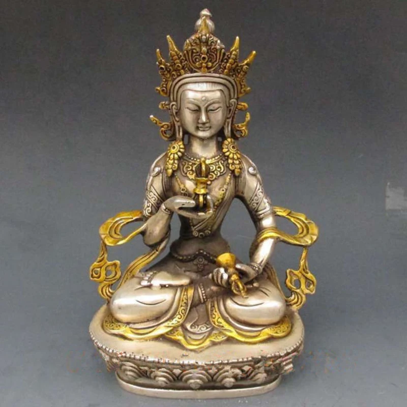 

Elaborate Chinese Vintage Old Tibetan Silver Gilt Tibetan Buddhism Statue -- White Tara Buddha