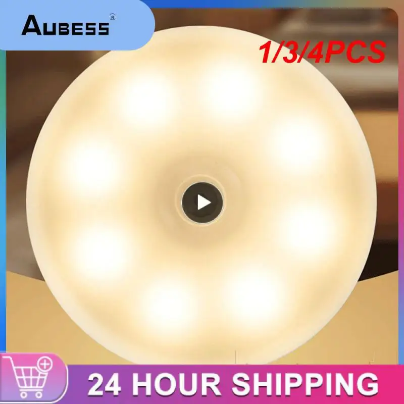 

1/3/4PCS Motion Sensor Light Led USB NightLights Round Chargeable Lamp for Bedroom Kitchen Stair Hallway Wardrobe Cupboard