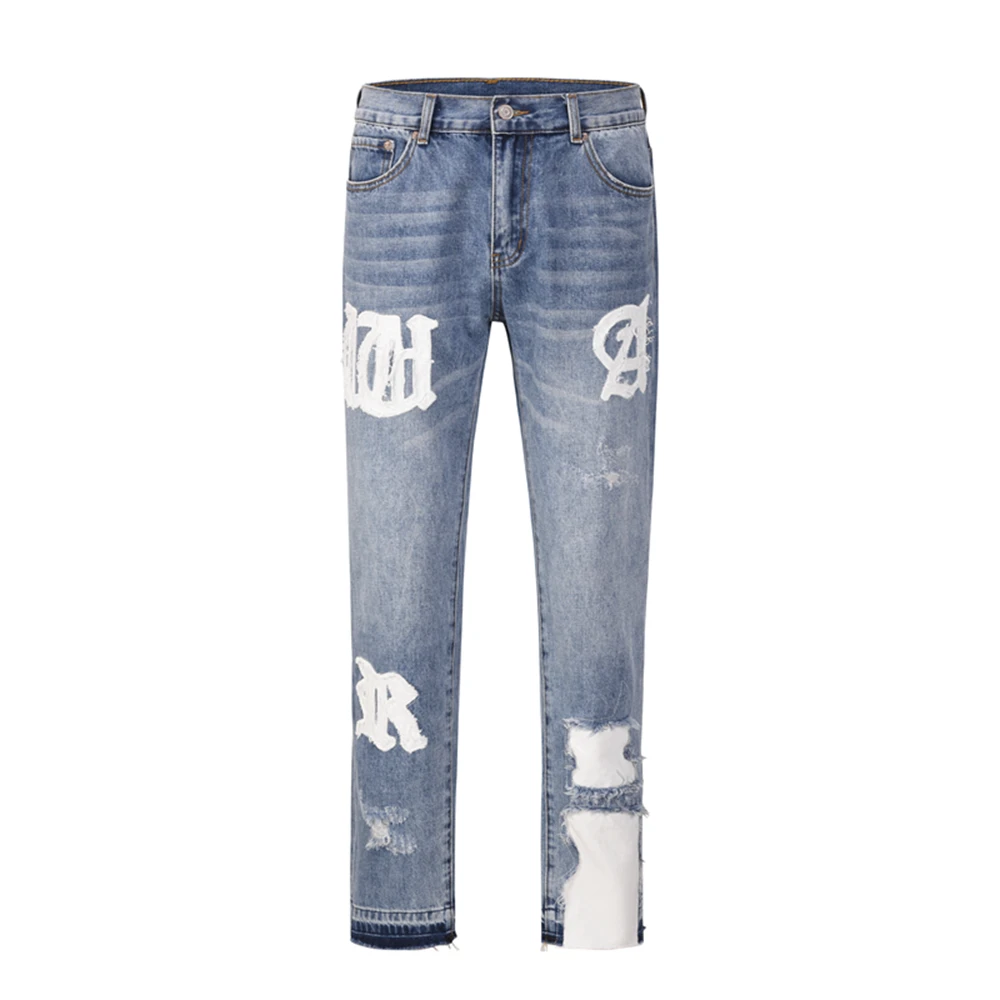 Vintage Washed Letter Embroidery Ripped Hole Blue Men's Straight Jeans Frayed Streetwear Hip Hop Loose Unisex Denim Trousers
Vintage Washed Letter Embroidery Ripped Hole Blue Men's Straight Jeans Frayed Streetwear Hip Hop Loose Unisex Denim Trousers