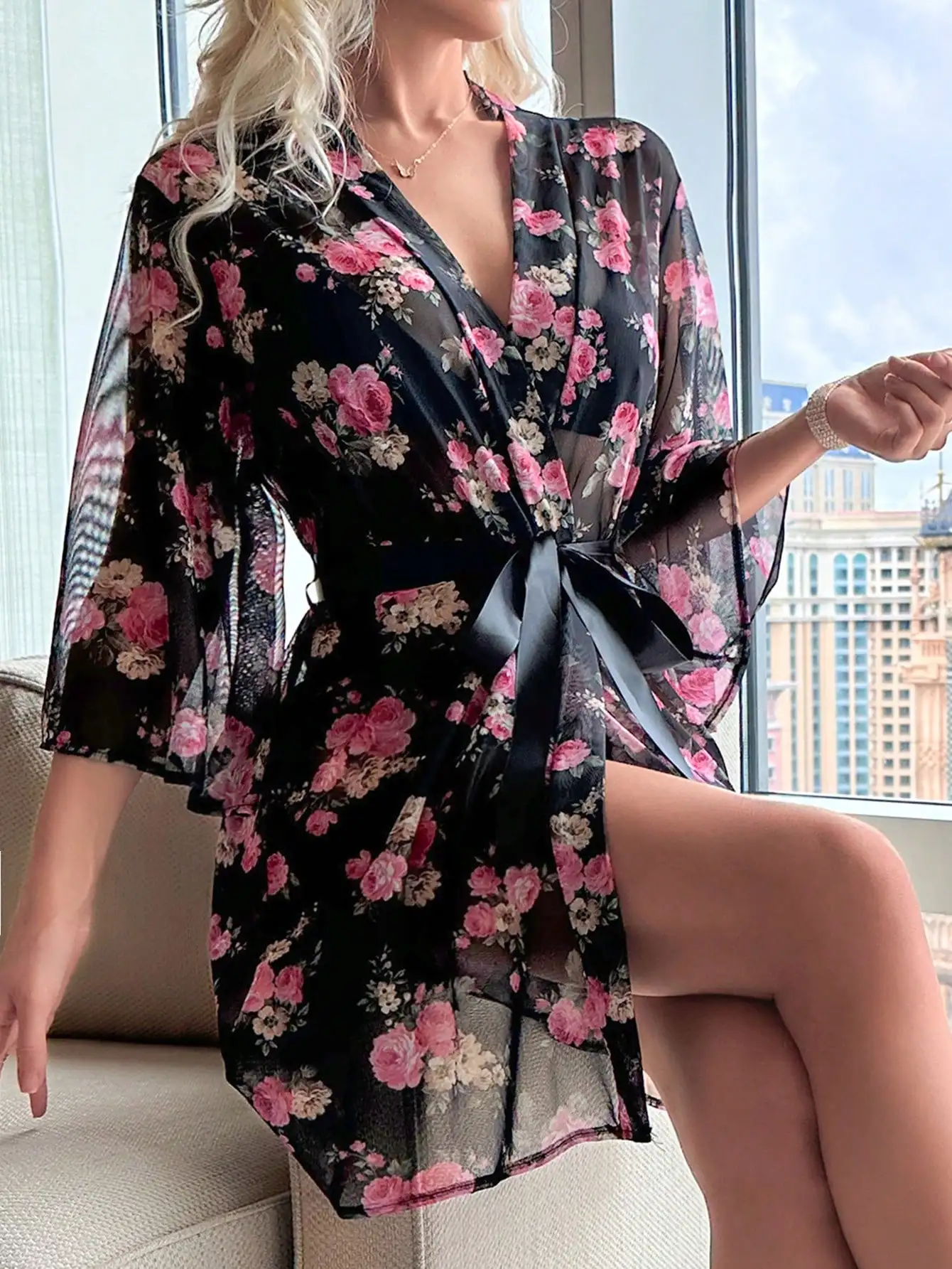 

Sexy Bathrobe Allover Leopard Print Nightdress Mesh Nightwear Cozy Bridesmaid Wedding Party Belted Robe