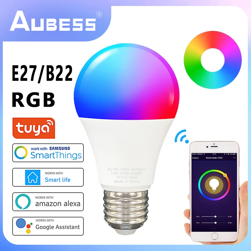 

Aubess Tuya WiFi E27 B22 Smart Dimmable Bulb RGBCW 100-240V LED Light Smart Life App Control Support Alexa Google Home Alice