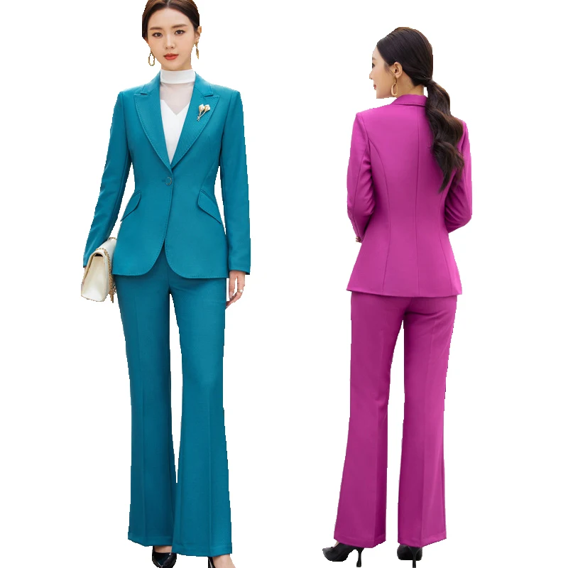 

Облегающие деловые костюмы для женщин, новые модные офисные женские костюмы с отложным воротником, блейзеры на одной пуговице и брюки-клеш