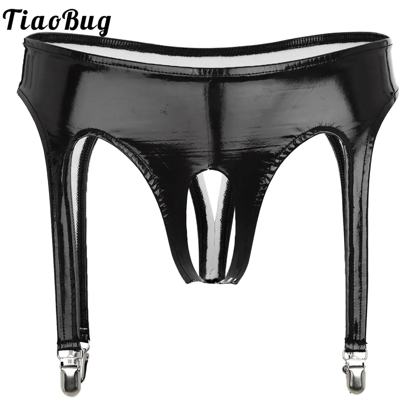 

Womens Glossy Wetlook Patent Leather Briefs Underwear with Garter Clips Low Rise Crotchless Thongs Lingerie Clubwear Sleepwear