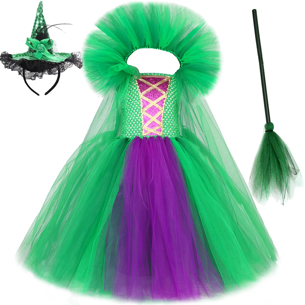 

Girls Witch Halloween Costumes for Kids Cloak Tutu Dress Long Princess Cape Gown Hocus Pocus Children Outfit with Broom Hat
