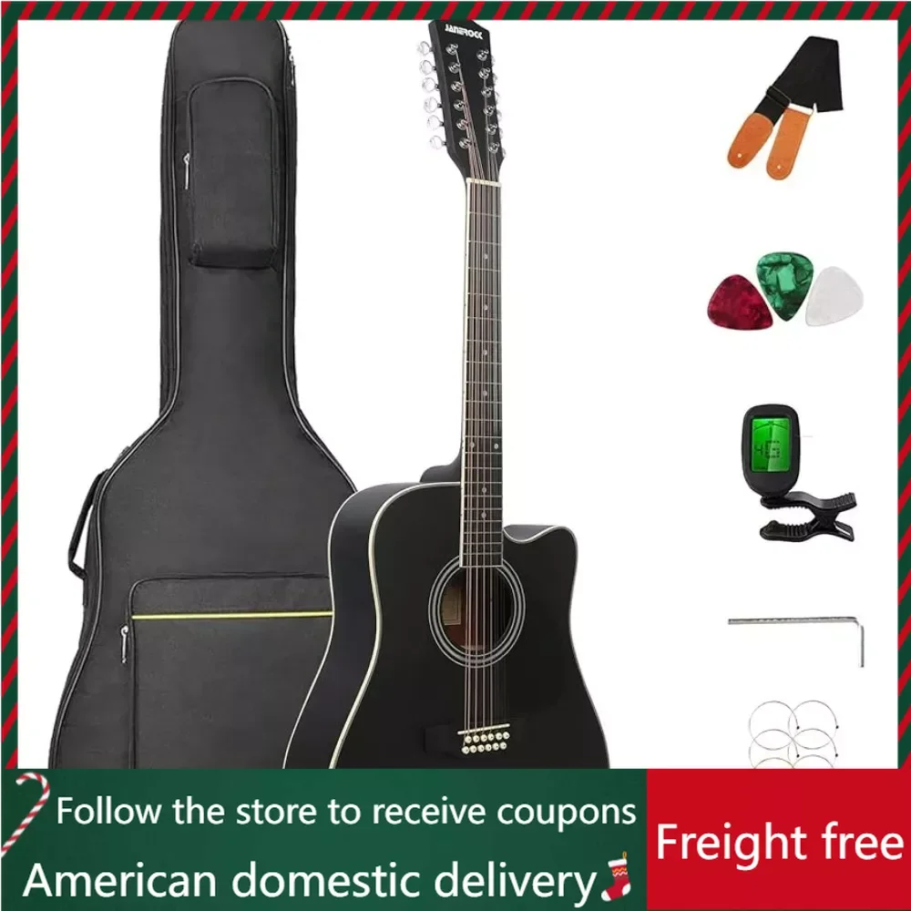 

12 String Acoustic Guitar Cutaway,Adjustable Truss Rod Full Size Bundle with Gig Bag,Tuner,Strings,Strap,Picks Freight free