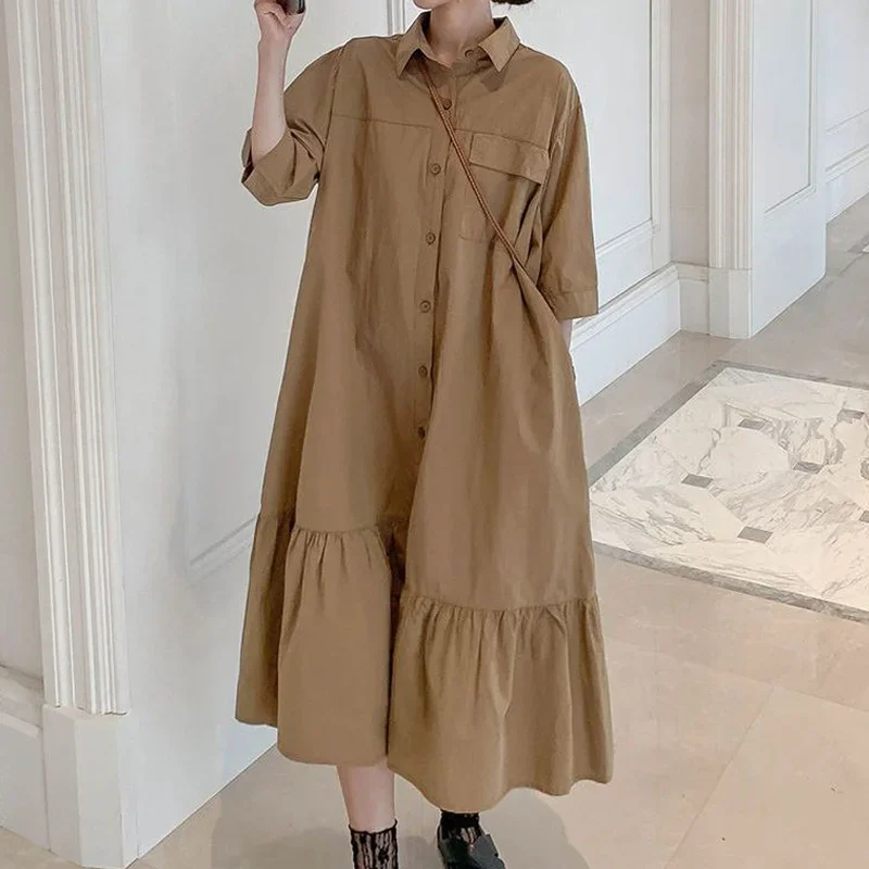 

Summer New Khaki Loose Pleated Midi Dress Polo Neck Short Sleeve Solid Plus Size Casual Dresses Fashion Korean Women Clothing