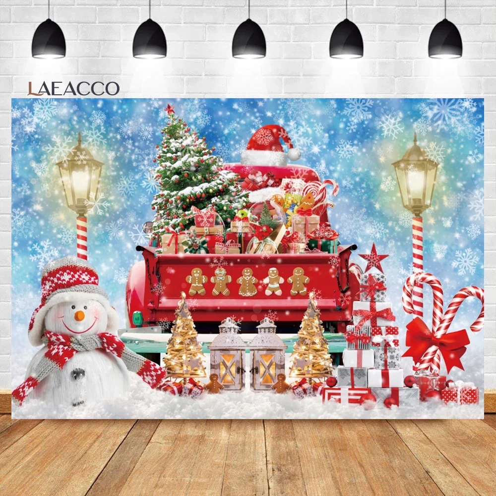 

Laeacco Winter Christmas Backdrop Red Truck Snowman Pine Trees Gifts New Year Baby Shower Party Portrait Photography Background