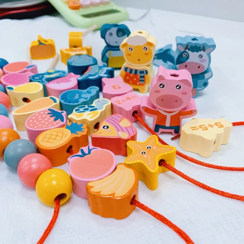 

Wooden Cartoon Beads Stringing Threading Toys Fruit Animal Numeric Lacing Toy Baby Wooden Beads DIY Toy Montessori for Kids