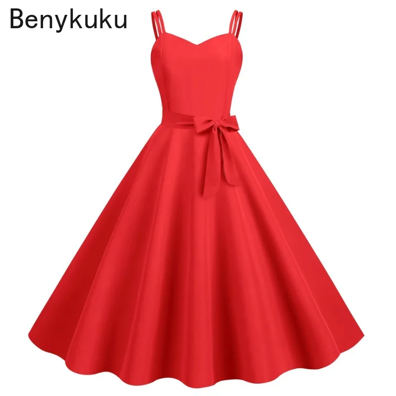 

2024 Women Summer Dress Robe Vintage 50s 60s Big Swing Party Rockabilly Dresses Sexy Spaghetti Strap Clothes Sundress Vestidos