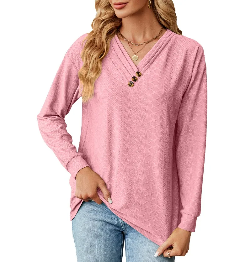 Женская Винтажная футболка с длинным рукавом, Повседневная модная Однотонная футболка на пуговицах с V-образным вырезом, Новинка осени 2023, свободные футболки 
Женская Винтажная футболка с длинным рукавом, Повседневная модная Однотонная футболка на пуговицах с V-образным вырезом, Новинка осени 2023, свободные футболки