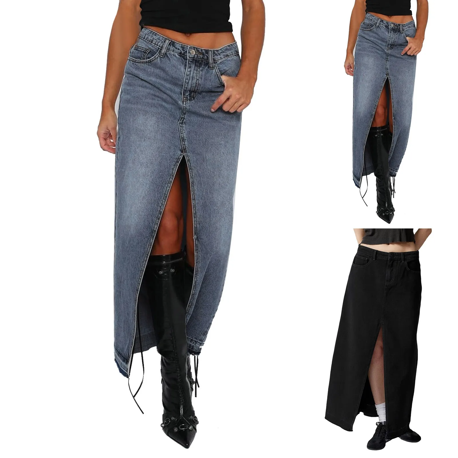 

Front Slit Long Denim Skirts for Women Casual High Waist Jean Faldas with Pocket Y2K Solid Slim Fit Saias Commuting Daily Outfit
