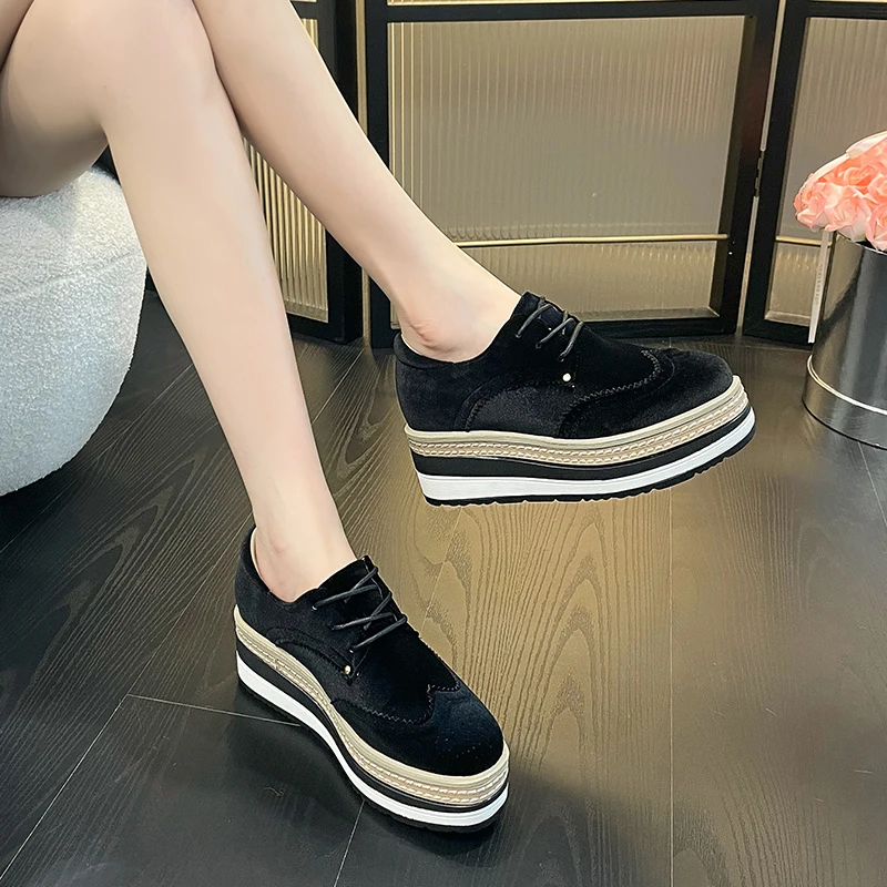 

7cm Women Harajuku Black Suede Platform Wedges Shoes Ladies Creepers Retro Lace Up Platforms High Heels Autumn Shoes Schuhe Dame