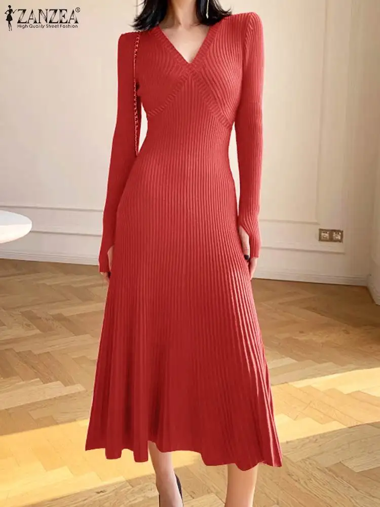 

Осенняя элегантная одежда ZANZEA 2023, модные однотонные платья с V-образным вырезом, женское трикотажное платье в рубчик, соблазнительные облегающие платья до бедер