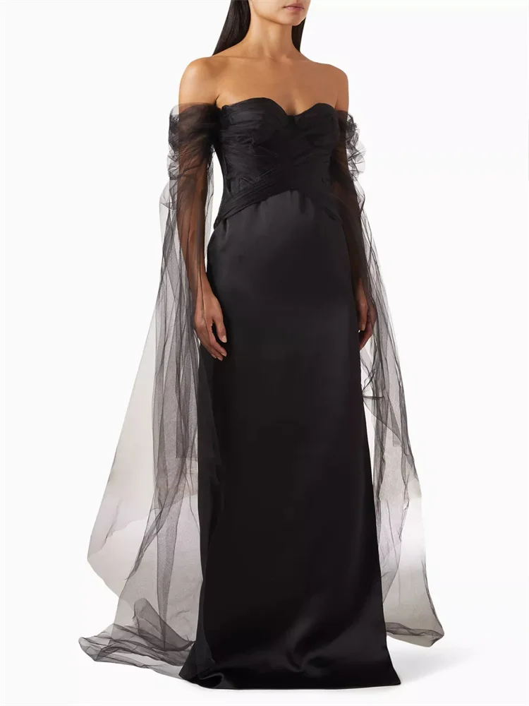 

Hot Selling Off-Shoulder Neckline Satin Evening Dress Elegant Back Zipper Floor Length Side Slit Sweep Train Gown For Women 2024