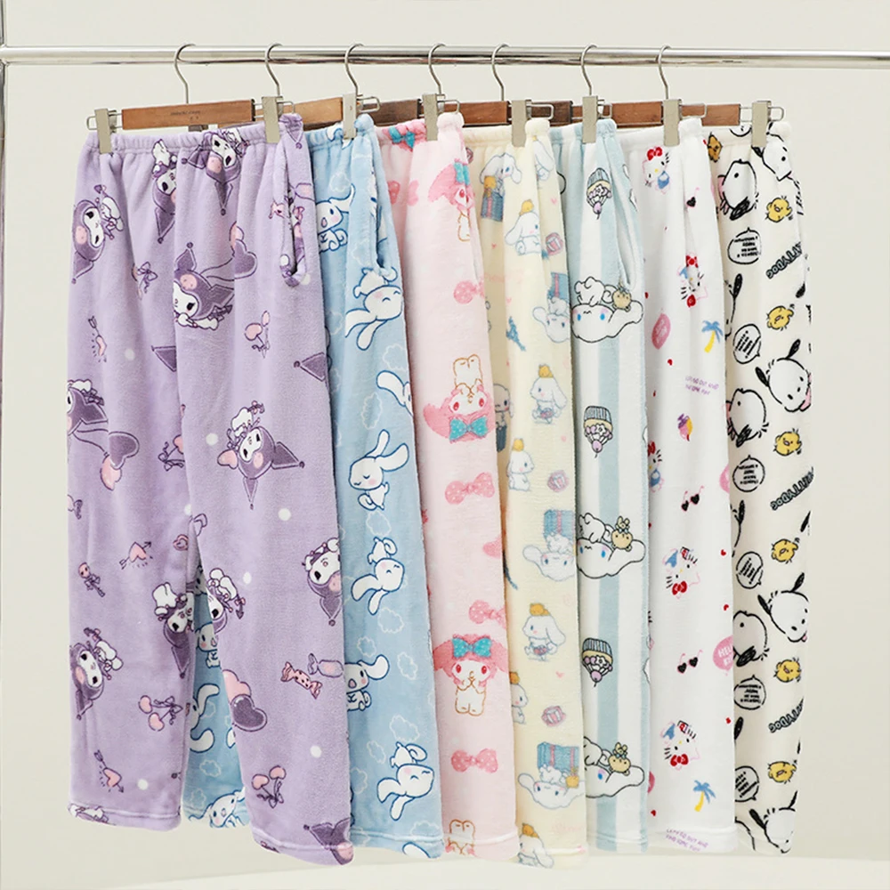 

Anime Sanrioed Hello Kitty Kuromi Melody Pajama Pants Women Kt Plush Trousers Kawaii Cotton Winter Keep Warm Thicken Home Pants