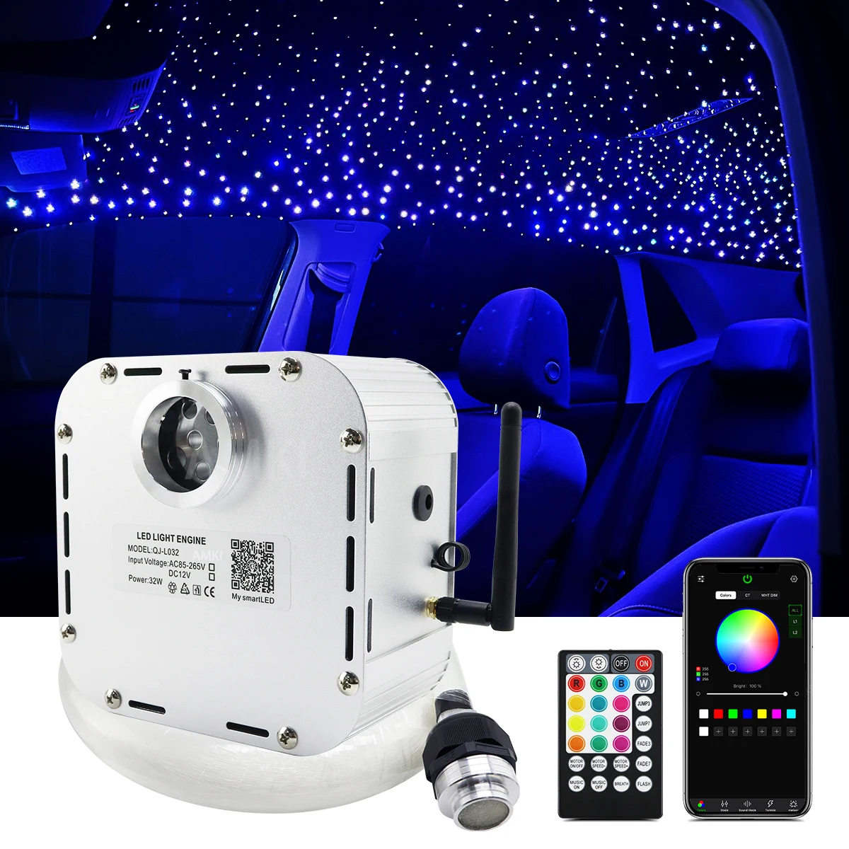 

32W Twinkle RGBW Fiber Optic Starry sky Ceiling Music APP controller Car interior 1200Stars Car Roof star Lights with RF Remote