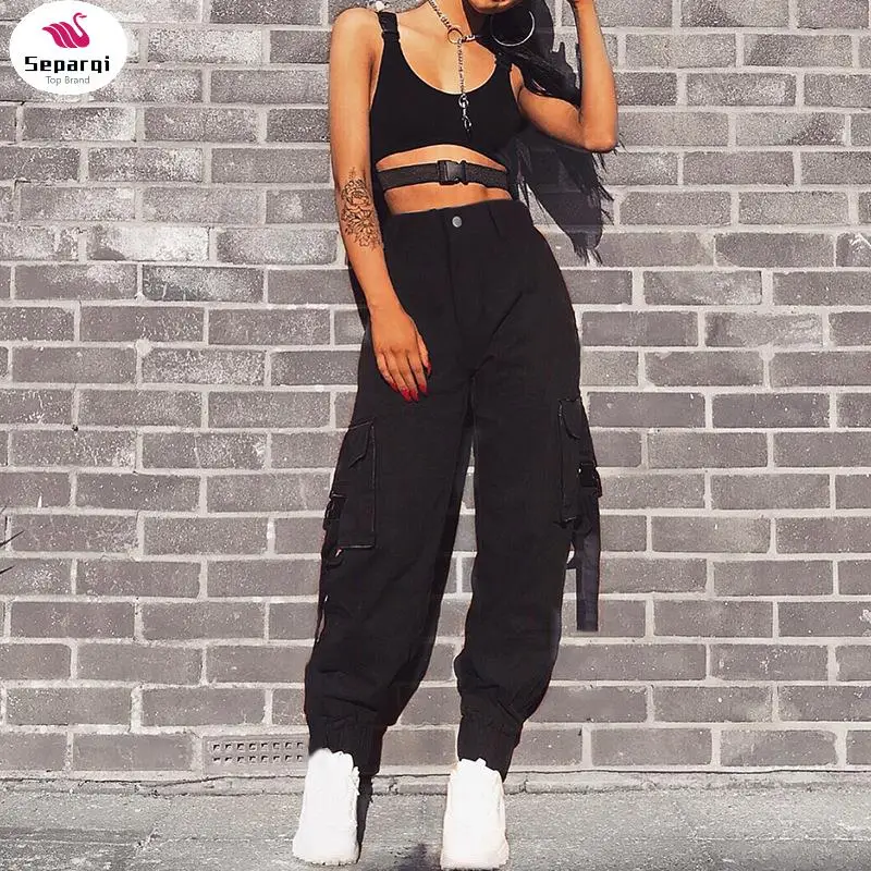 

SEPARQI 2024 Spring Streetwear Cargo Pants Women Casual Joggers Black High Waist Pants Loose Female Trousers Ladies Pants Capri