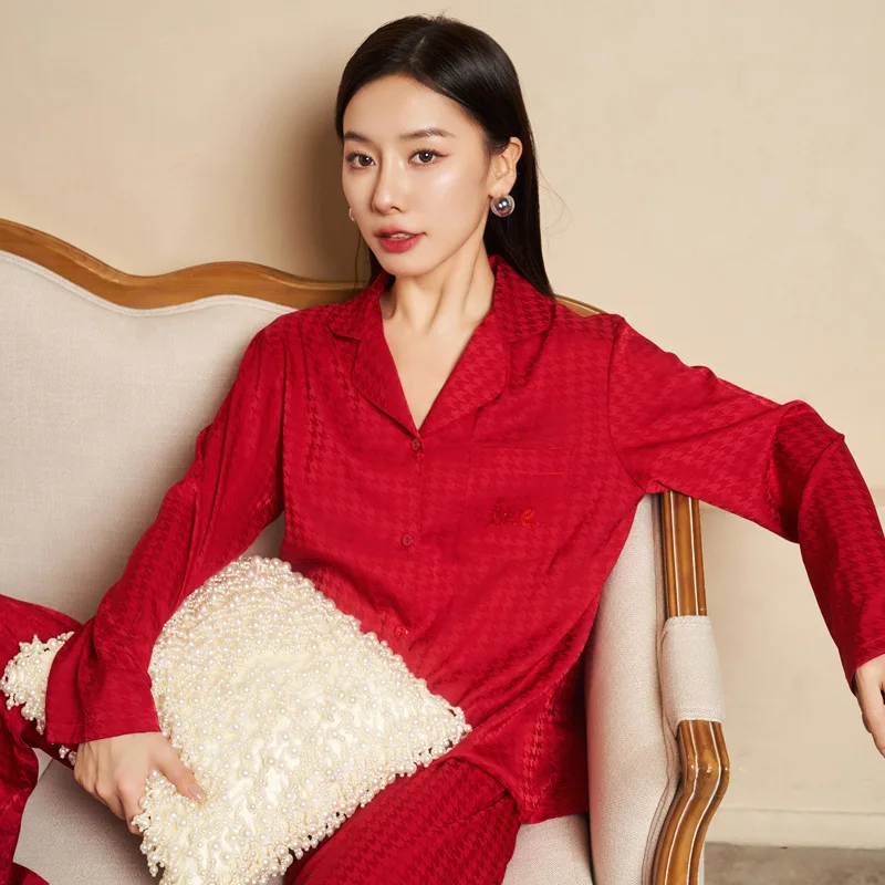 

CRLAYDK 2023 NEW Women Long Sleeve Sleepwear Couple Red Button Down Pajamas Houndstooth Hot Fix Loungewear Wedding Nightwear