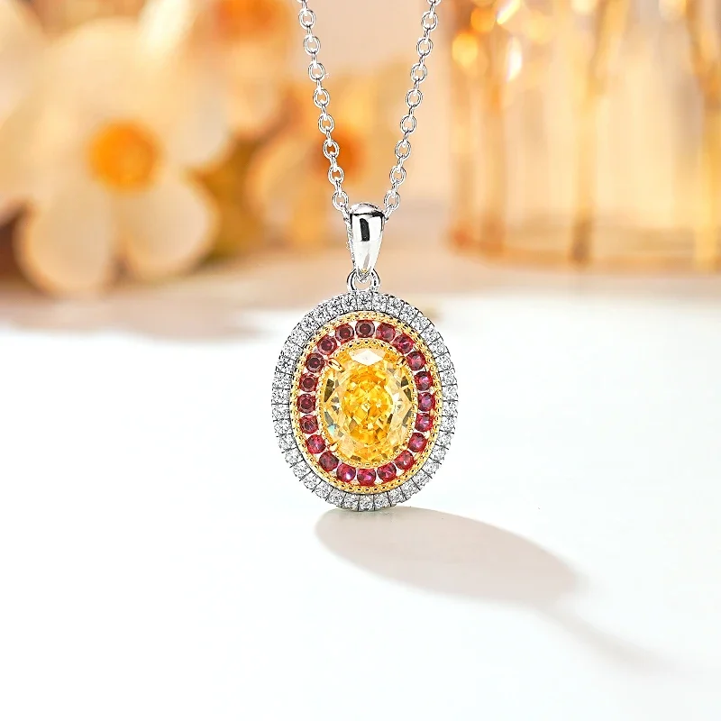 

Light Luxury Oval Yellow Diamond 925 Silver Pendant Set, High Carbon Diamond Ice Cut Multi Functional Egg Necklace