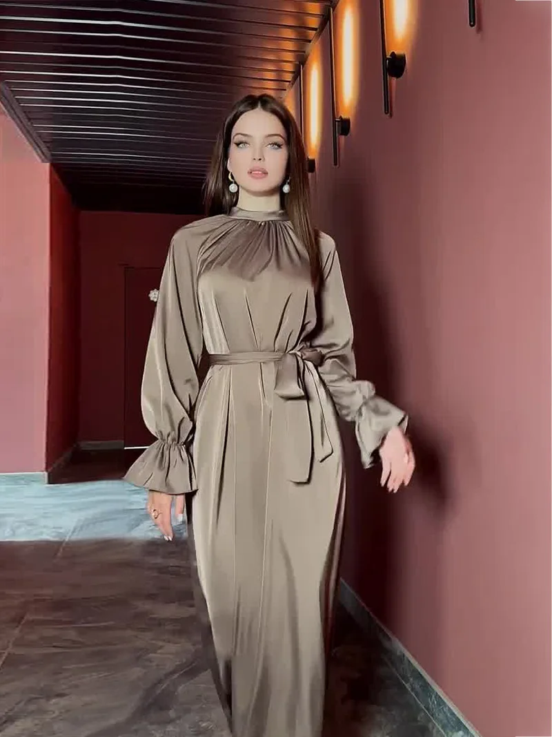 

2024 Spring New Modest Solid Color Satin Long Sleeve Dress Belt Party Women Clothes Graceful Crew Neck Lady Casual Dresses
