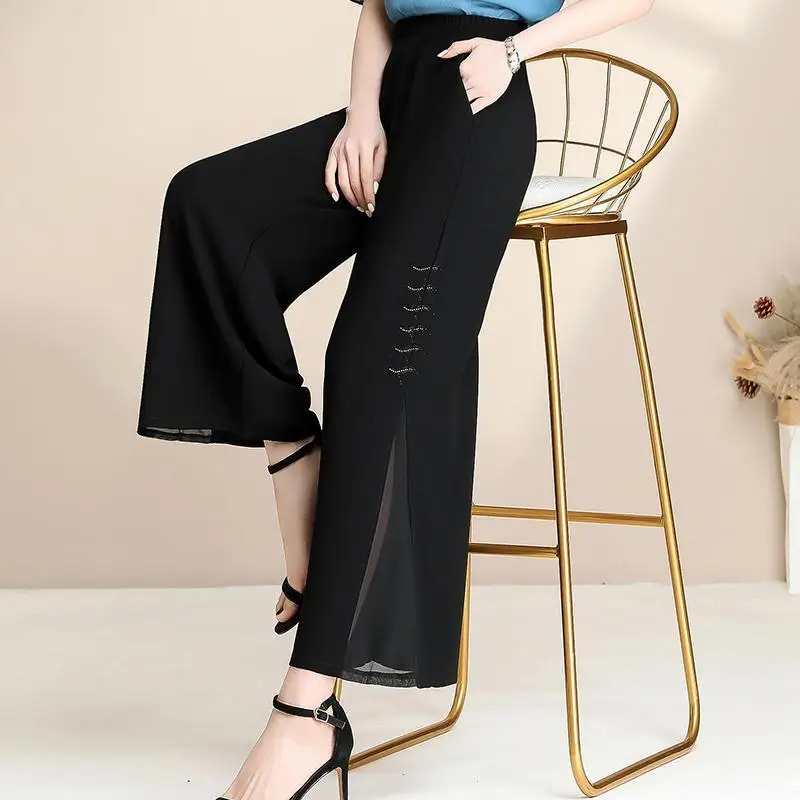 

New Summer Side Embroidery Oversize 5xl Mom Loose Cropped Pants Elastic High Waist 2024 Women Wide Leg Pants Trousers Z403