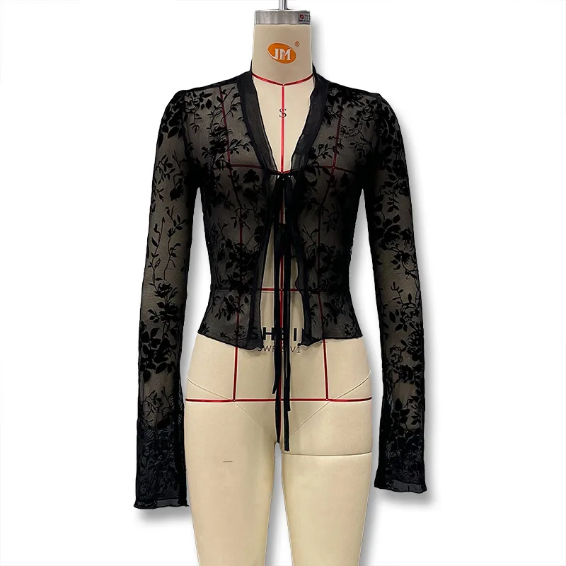 Sexy Lace Long Sleeve T-shirt V-neck Floral Print Mesh See Through Crop Top Autumn Fashion Flare Sleeve Slim Base Layer Shirt Sexy Lace Long Sleeve T-shirt V-neck Floral Print Mesh See Through Crop Top Autumn Fashion Flare Sleeve Slim Base Layer Shirt