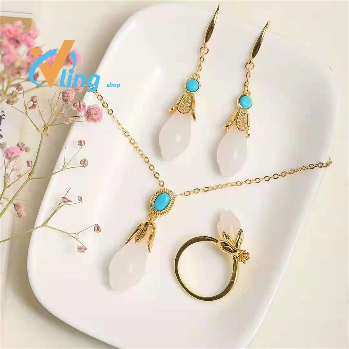 

Wholesale Inlaid Gold Wire Jade Orchid Set Of Rings Necklace Earrings Charm RetroThree Piece Set Of Antique JewelryFashion Gift