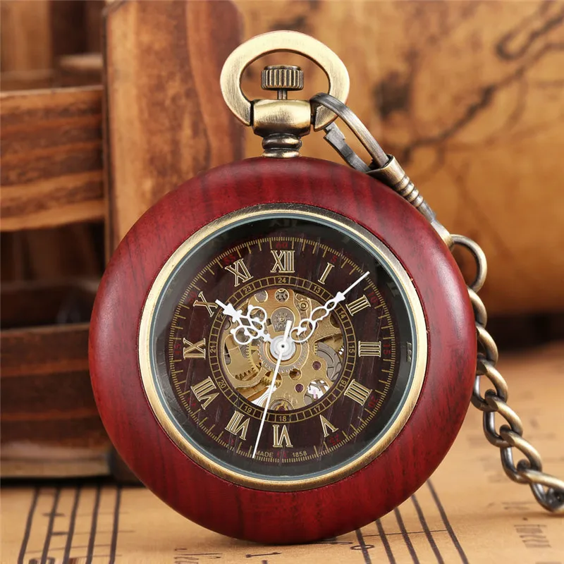

Handmade Retro Pocket Watch Unisex Skeleton Automatic Mechanical Watches Roman Number Dial Pendant FOB Clock Chain Reloj Gift