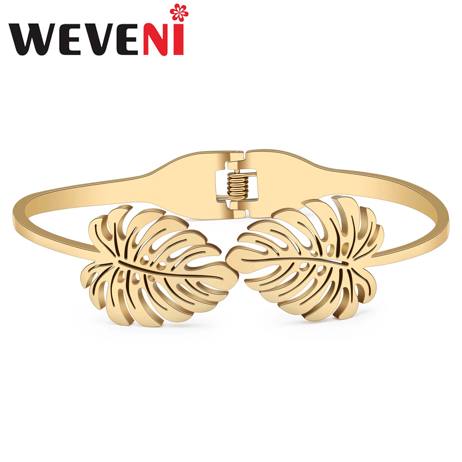 

Weveni Stainless Steel Gold-plated Summer Simple Leaves Bangle Hollow Out Cuff Bracelets For Women Friends Gifts Fashion Jewelry