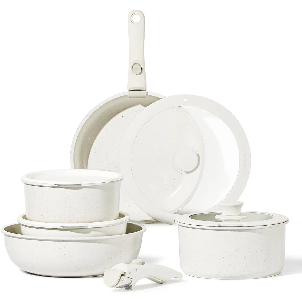 

11pcs Pots and Pans Set,Nonstick Cookware Sets Detachable Handle,Induction RV Kitchen Set Removable Handle,Oven Safe,Cream White