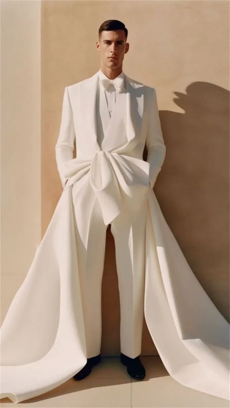 

White Men Suits Set Custom Made Long Train Jacket 2 Piece Blazer+Pants Luxury Catwalk Prom Groom Wedding Tuxedo Coat
