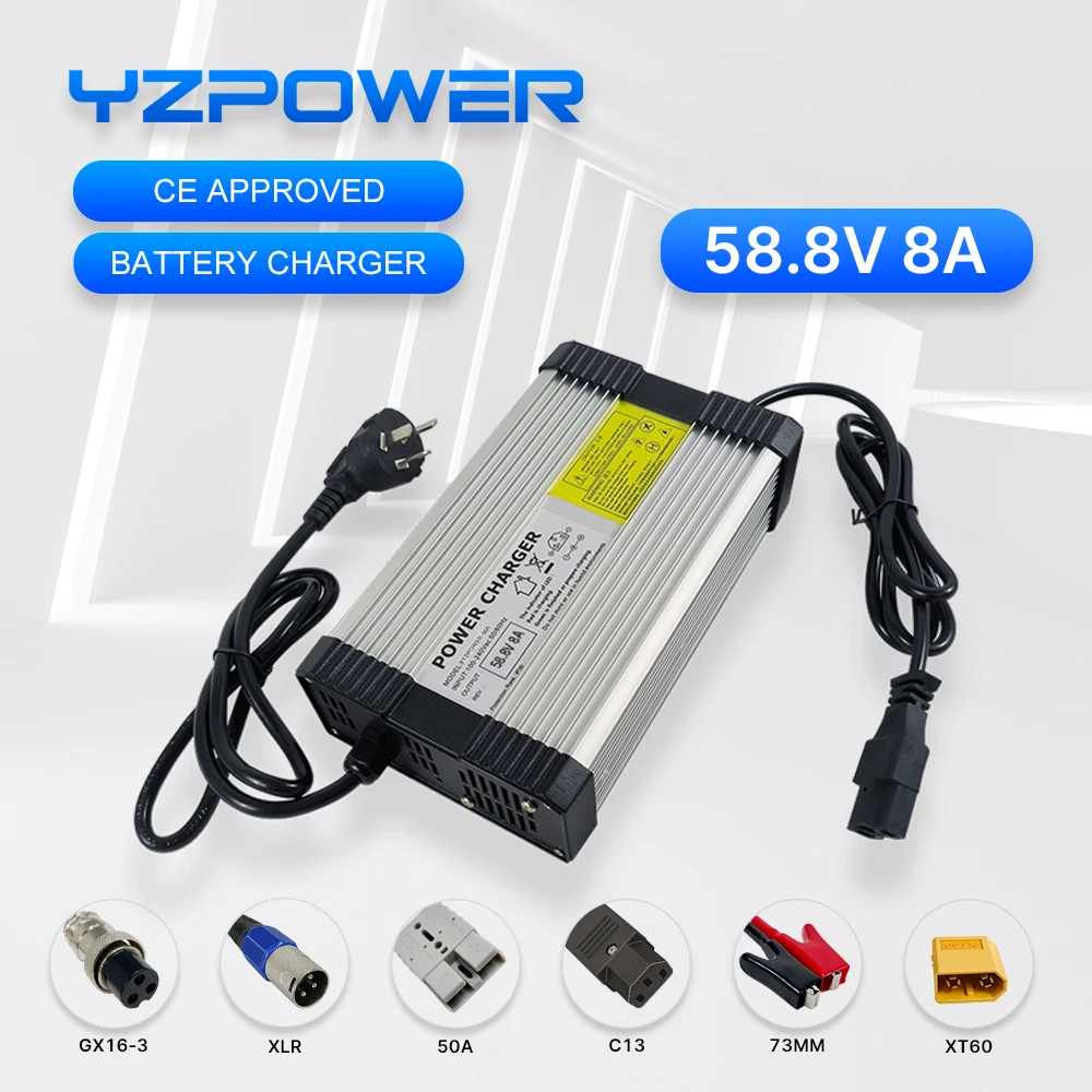 

58.8V 8A lithium battery charger 48V 14S aluminum shell material fast charging power tool universal with cooling fan