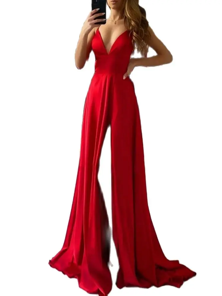 

Sexy V-Neck Long Red Satin Prom Dresses with Slit Criss Cross Back Robe De Soiree Floor Length Pleated V-Neck Formal Party Gown