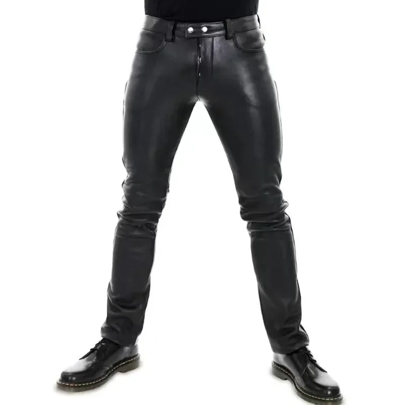 

Men's Business Matte Leather Pants Classic Motorcycle Biker Trousers with Pocket Double Button Stretch PU Pants Clubwear Custom