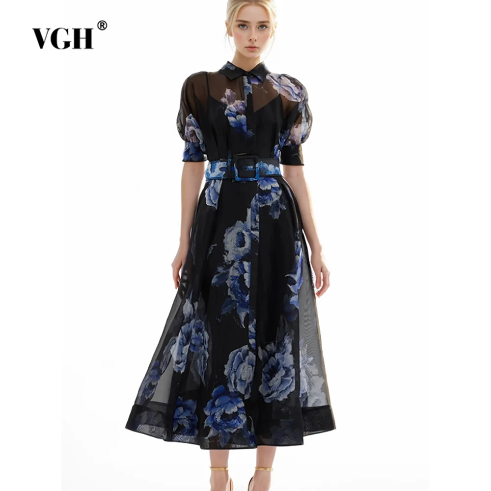 

VGH Hit Color Printing Patchwork Belt Dresses For Women Lapel Short Sleeve High Waist Spliced Single Breasted Dress Female New