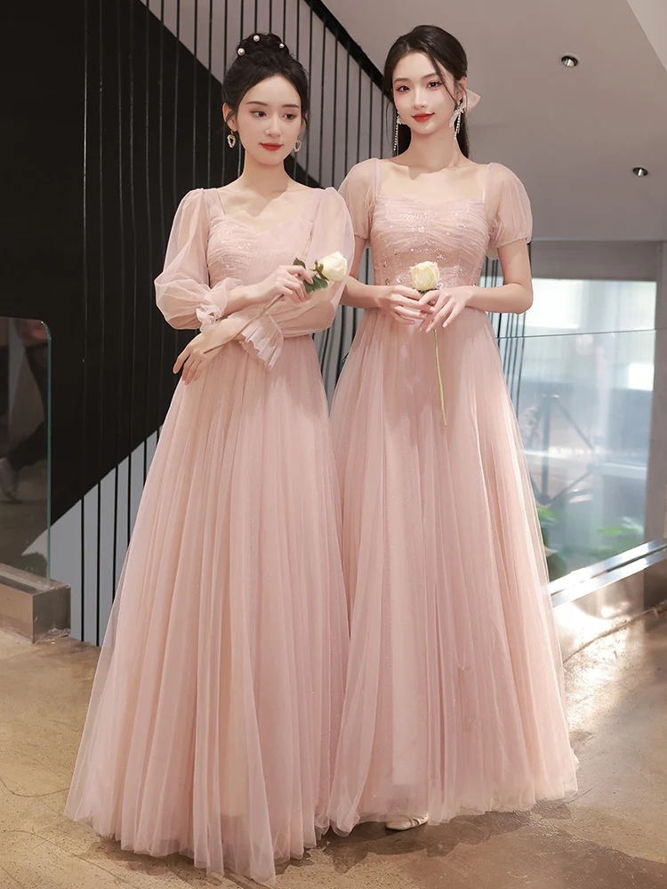 

Pink Slim A-Line Bridesmaid Dresses for Women Classic Back Bandage Long Sister Party Dress Lady Sequined Banquet Gown