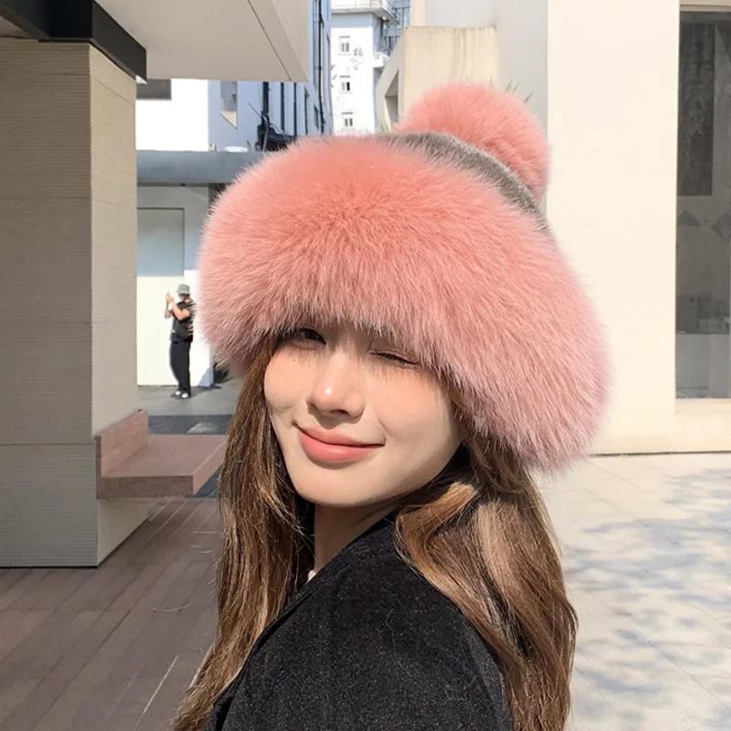 

Real Mink Fur Fisherman Hat With Fox Fur Ball Winter Thick Warm Earflaps Bomber Caps For Women Natural Mink Fur Knitted Hats